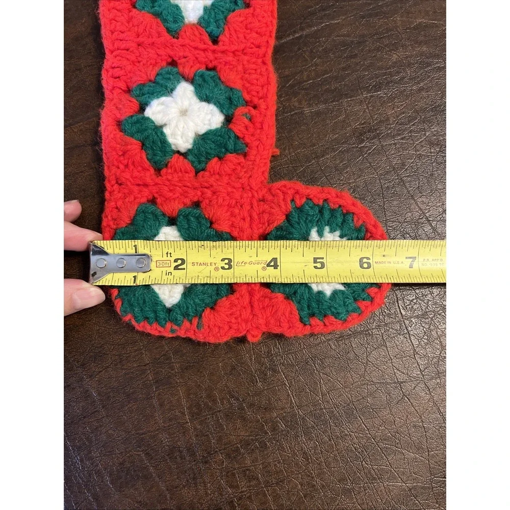 Granny Square Xmas Stocking Red Green White Handmade Crocheted Crochet Hand Vtg